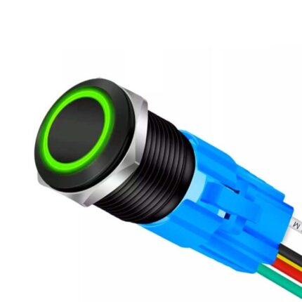 Buton Push Negru 19mm cu Revenire si Led Verde, Mufa Inclusa