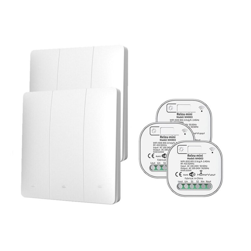 Kit 2 intrerupatoare cinetice RF433, HomeVast®, 3 canale, alb, plus 3 receivere inteligente, WiFi, on/off, compatibile Tuya, Smartlife, Google Home si Amazon Alexa, model WH040323P