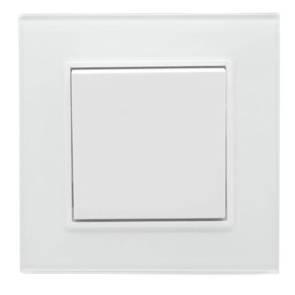 Intrerupator Simplu Alb cu Rama din Sticla, 10A, 250V, 1 modul, 86x86mm