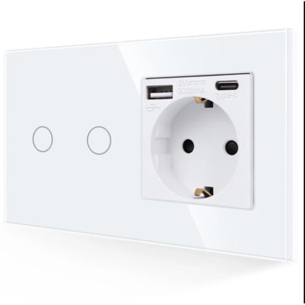 Intrerupator 4Module (2+2M), 2 butoane cap-scara/cap-cruce, priza Shuko . USB A+C Port 3, 1A, 20W Fast charge, cu recunoastere inteligenta, rama de sticla culoare, Alb