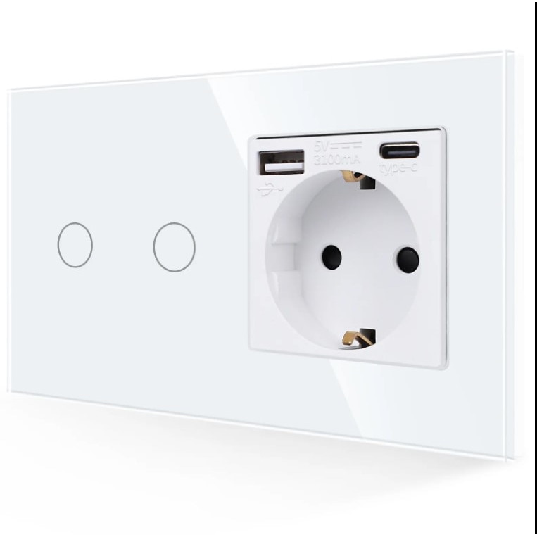 res_c2e3b5510956dcad42d2d1cb8096d236 Intrerupator 4Module (2+2M), 2 butoane cap-scara/cap-cruce, priza Shuko . USB A+C Port 3, 1A, 20W Fast charge, cu recunoastere inteligenta, rama de sticla culoare, Alb