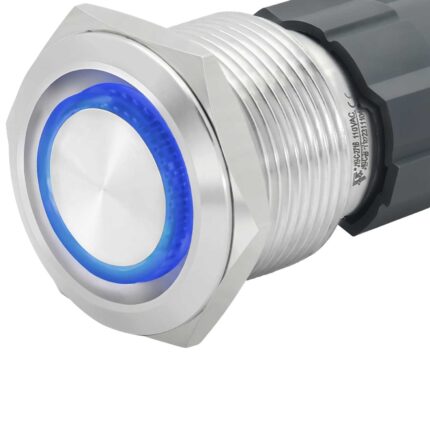 Buton Metalic Push 22mm cu RETINERE, 220V-10A, Led Albastru, Mufa inclusa, ElectroAZ