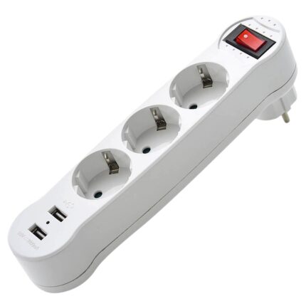 Triplu Stecher Schuko TS01-USB, cu 3 cai si intrerupator, 16 A, 2 x USB 2A, alb