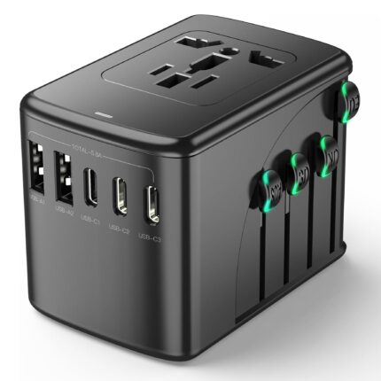 Adaptor incarcator universal priza de calatorie, Timebox, 2 x USB, 3 x Type-C pentru US, UK, EU, Australia, Asia, Negru