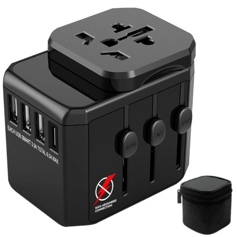 Adaptor Convertor Priza Universal de Calatorie, High Speed 6.0A 3 USB+1 Type-C ESL by Essential Level®, All in One pentru US, UK, EU, Australia, Asia, Impamantare, Adaptor Priza European, Husa Transport