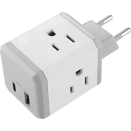 Adaptor de priza europeana, Jeswo, Incarcator universal, 4 prize AC/tip C/port USB, Alb