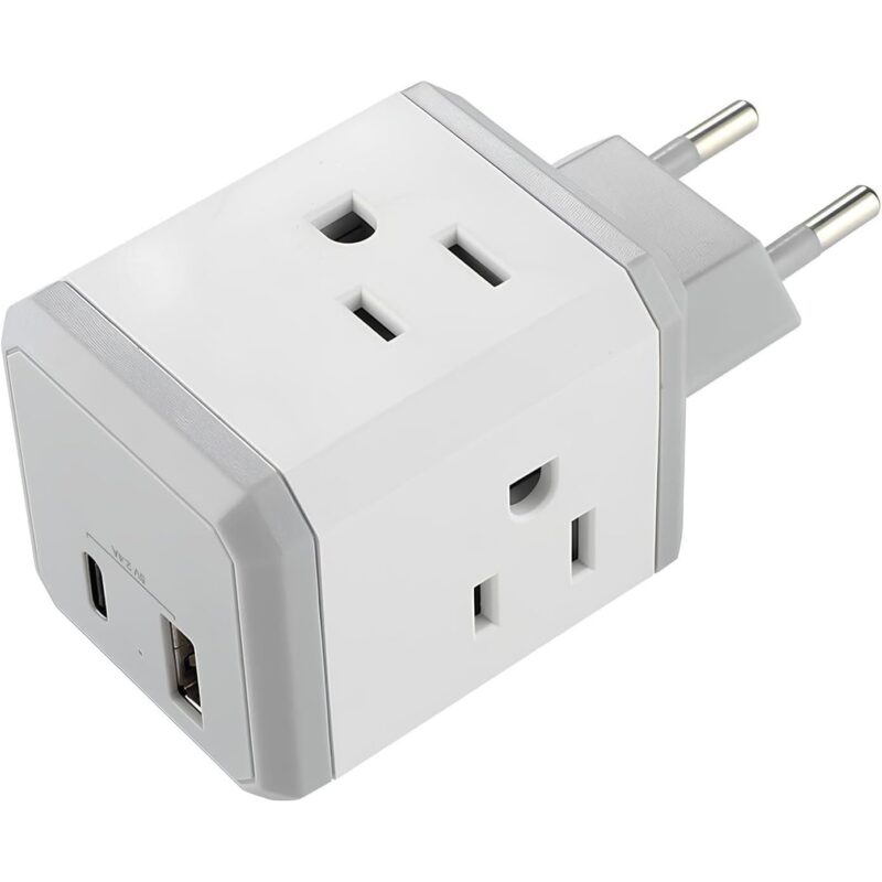 Adaptor de priza europeana, Jeswo, Incarcator universal, 4 prize AC/tip C/port USB, Alb