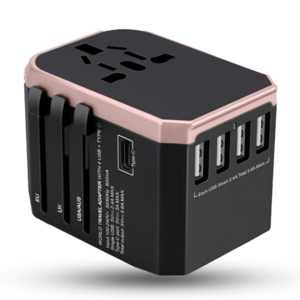 Adaptor incarcator universal priza de calatorie, 4 x USB, 1 x Type-C pentru US, UK, EU, Australia, Asia, Rose Gold