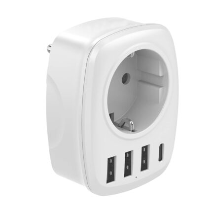 Adaptor priza 5 in 1, 3 USB - A si 1 USB - C, 50 / 60HZ, 3.4A, 4000W, 16A, QC3.0, Universal Europa, 3.1 x 2.4 x 2.83 in, Vaxiuja, Alb