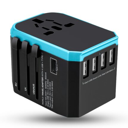 Adaptor incarcator universal priza de calatorie, 4 x USB, 1 x Type-C pentru US, UK, EU, Australia, Asia, Albastru