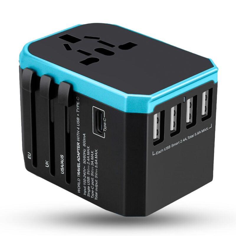 Adaptor incarcator universal priza de calatorie, 4 x USB, 1 x Type-C pentru US, UK, EU, Australia, Asia, Albastru