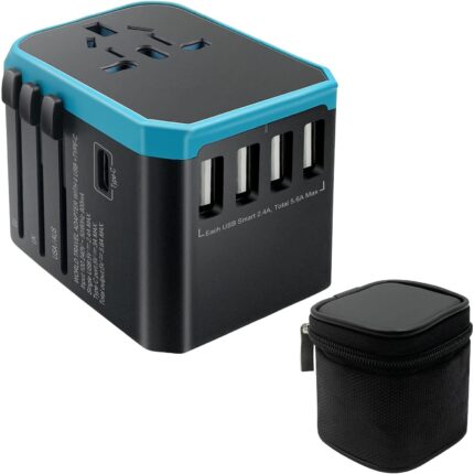 Adaptor incarcator universal priza de calatorie, MOSMAOO®, 2000 W Incarcare rapida de 3, 6V, 4 x USB, 1 x Type-C pentru US, UK, EU, Australia, Asia, Albastru