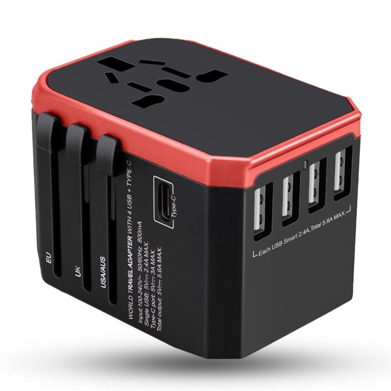 Adaptor incarcator universal priza de calatorie, 4 x USB, 1 x Type-C pentru US, UK, EU, Australia, Asia, Rosu