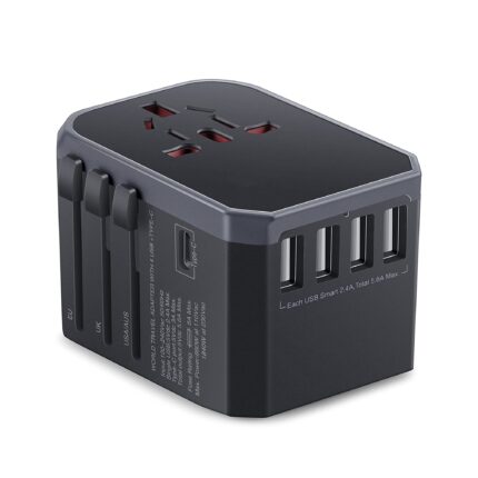 Adaptor incarcator, convertor priza universal de calatorie cu 4 USB si 1 Type-C All in One pentru US/Japonia, Uk, Australia/China, Elvetia, Italia, Brazilia, Gri