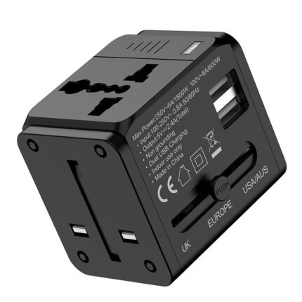 Adaptor universal de calatorie, cu porturi USB duble, Begleri®, Incarcator universal All-in-One Power for European EU US UK AUS, Negru, 6.2x5.0x5.6cm