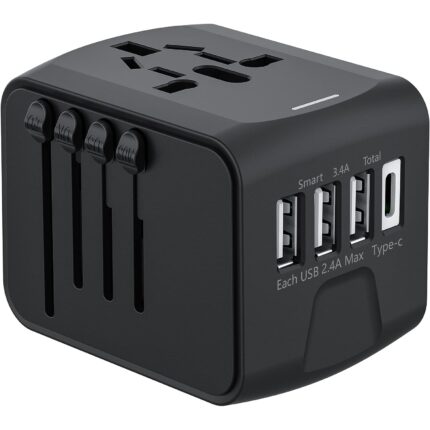 Adaptor incarcator convertor priza universal de calatorie, MOSMAOO®, cu 4 USB si 1 Type-C All in one pentru US/Japonia, Uk, Australia/China, Italia, Brazilia, Elvetia, Negru