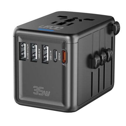 Adaptor de calatorie universal, WALALLA, incarcare rapida PD 35W, 3 porturi USB-A, 2 porturi USB-C, Negru Glossy