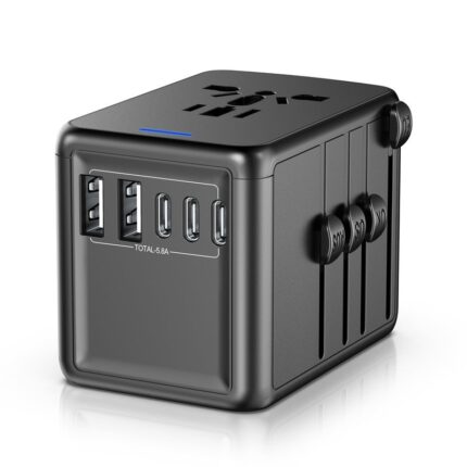 Adaptor de calatorie universal WALALLA, 3 porturi USB-C, 2 porturi USB-A, prize multiple, negru