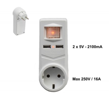 Triplu Stecher 1 Suco + 2 USB, cu intrerupator, 16A, 5V, alb