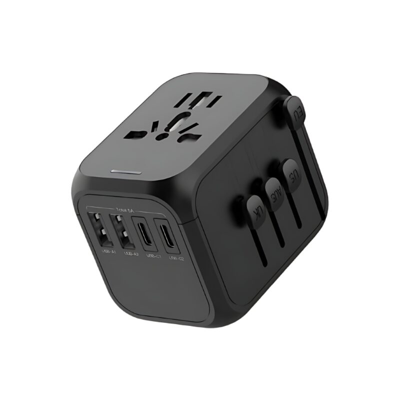 Adaptor de calatorie cu incarcare a 5 dispozitive simultan, 2 USB-A, 2 USB-C, Siguranta cu resetare automata, Suport pentru US, UK, EU, Australia si Asia, Negru