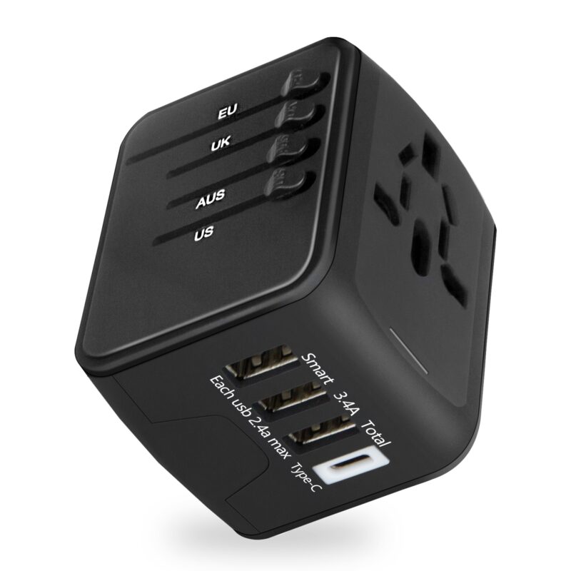 Adaptor de calatorie, Nierbo®, 3 porturi USB 1 tip C si 1 priza, Universal, Negru