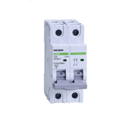 Siguranta automata modulara NOARK 102156, din plastic, 2P, 2module, amperaj 25A, clasa de protectie IP 20, tensiune alimentara 400 V, curba C, Alb