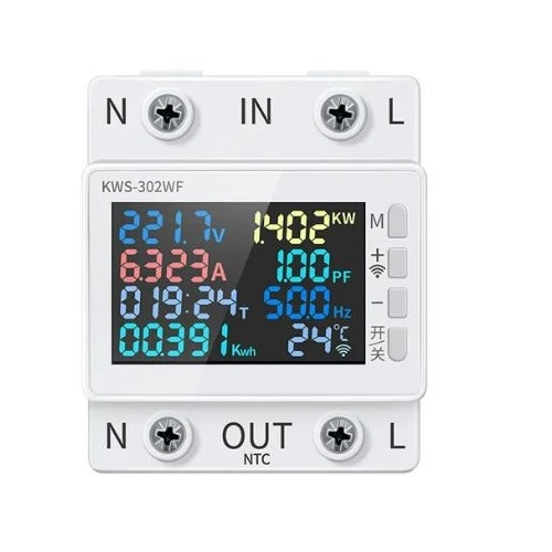 Contor monofazat de energie electrica, 170V-270V, 63A, 8 in 1, WIFI, KWS-302WF, NTC, afisare simultana volti, amperi, putere, tempetatura, T, Kw/h, Hz, PF