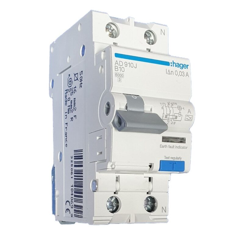 Disjunctor diferential RCBO P+N 10A 30mA, curba B, tip A AD910J Hager
