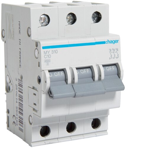Disjunctor 3P, 10A, 4, 5kA, C, 3M, Hager MY310