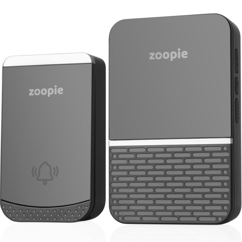 Sonerie fara fir/ wireless, Zoopie® RING, pentru usa/ poarta, exterior, digitala, electrica, cu baterii, rezistenta la apa, IP44, distanta 260m, kit montaj perete, 1 receptor, negru