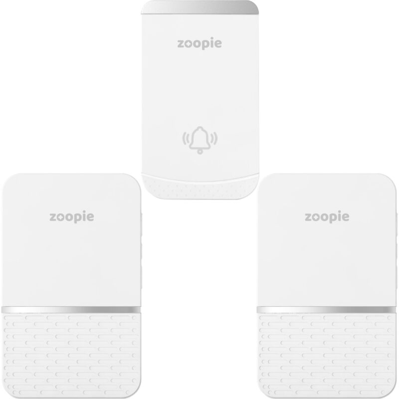 Sonerie fara fir/ wireless, Zoopie® RING, rezistenta la apa IP44, pentru usa apartament, poarta, curte, casa, exterior, electrica, alimentare la priza, distanta 260m, kit montaj perete, dubla, 2 receptoare, alb