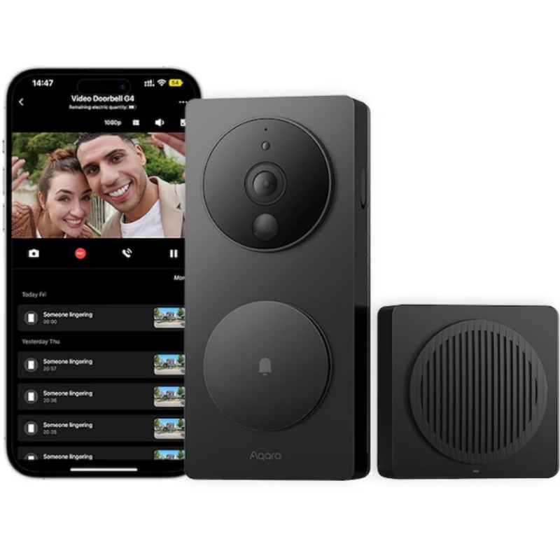 Sonerie fara fir wireless Aqara G4 Smart Video Doorbell EU, alerte locale de recunoastere faciala AI, automatizari, video la cerere 1080p si conversatie bidirectionala, detectie PIR, tonuri de apel personalizate, AQARA /Home Apple aplicatie, negru