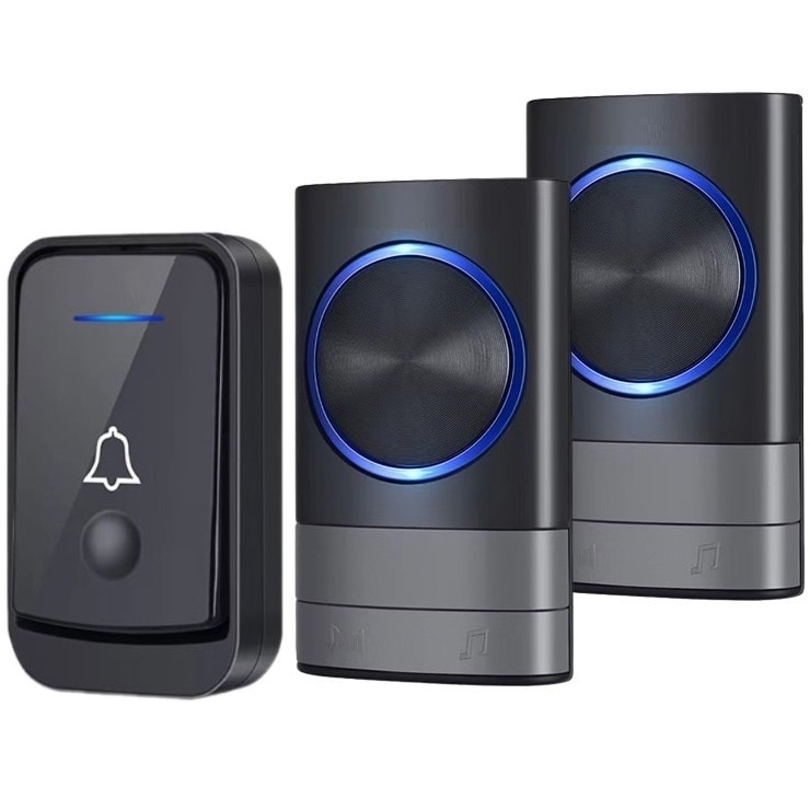 Sonerie fara fir wireless ESensio® Q189-2, pentru usa poarta, digitala, 52 melodii, 110 dB, de exterior, rezistenta la apa IP44, distanta 200m, electrica, cu baterie 12V23A, doua receivere, negru