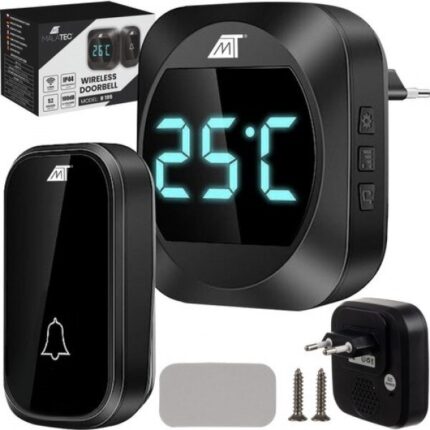 Sonerie Fara Fir Wireless Malatec®, 52 Melodii, 5 Trepte Volum pana la 100dB, Distanta 200m, Rezistenta la Apa IP44, Afisare Temperatura, Ecran LCD, Alimentare Priza, pentru Interior/Exterior, Casa, Birou, Hotel, Depozit, Elemente Montare Inlcuse, Negru