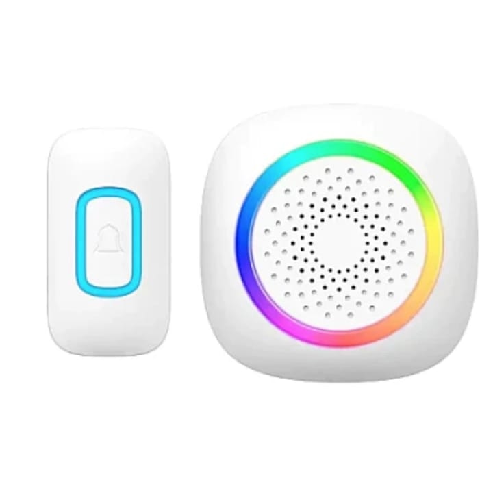 Sonerie fara fir, WI-FI, functioneaza pe baterii, raza de actiune de 300m, rezistenta la apa, montaj pe perete, cu 60 de melodii si 5 niveluri de volum, alb