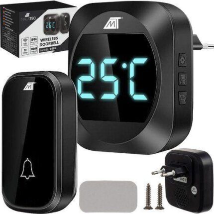 Sonerie wireless cu afisarea temperaturii, 52 sunete demonstrative, raza de operare de pana la 200 m, 5 trepte de volum, dimensiuni 7, 5 x 4, 5 x 1, 7 cm dimensiuni receptor: 8 x 7, 5 x 6 cm greutate: 0, 100 kg greutate in pachet: 0, 163 kg.negru