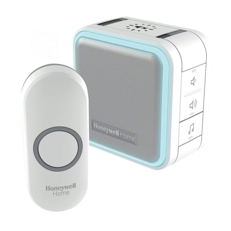 Sonerie fara fir, Honeywell 150 m, 3 x AA, 1 x CR2032, 6 melodii, sunet polifonic, Albastru/Alb