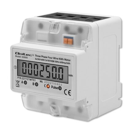 Contor de consum de energie pe sina DIN, Qoltec, 230V, LCD, 4P