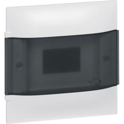 Panou pentru montaj ascuns, Legrand, Plastic, 6 module, Practibox S cu usa transparenta si terminale H si PE, Alb/Albastru
