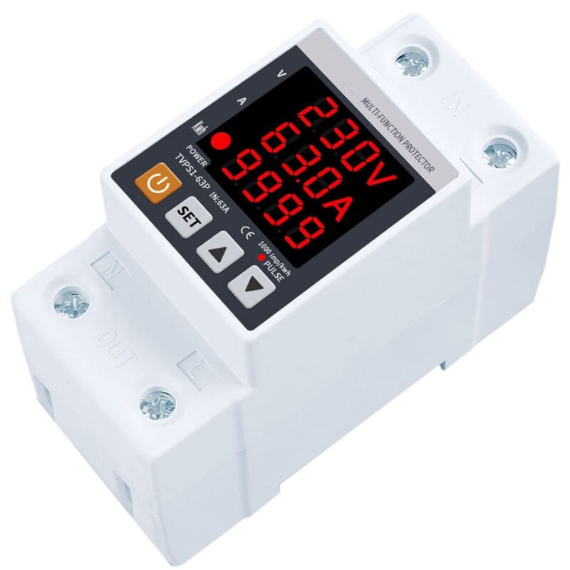 Releu monofazic si contor de energie, TVPS1-63P, 63A, 230V, reglabil, digital, protectie supratensiune si suprasarcina, Vaxiuja, Alb