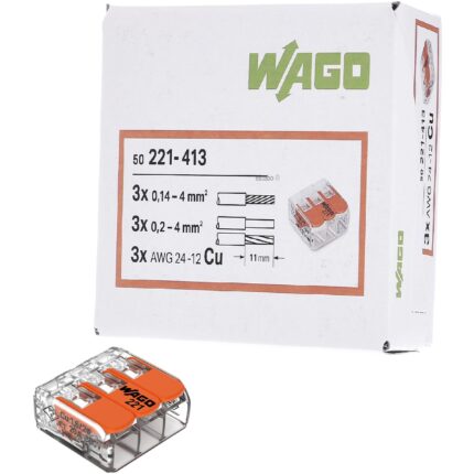 Set 50 cleme (conectori) Wago 4 mmp 221-413, compact, borna cu arc, cablu litat, 3 fire, 32A