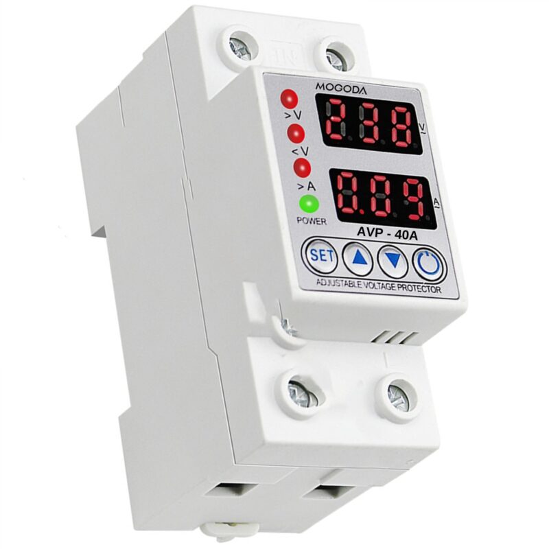 Releu de protectie reglabil 1A- 40A, MOGODA, Supratensiune reglabil intre 230V-300V, Subtensiune reglabil intre 210V-140V, Amanare repornire 1-300sec, 1P+N, Alb