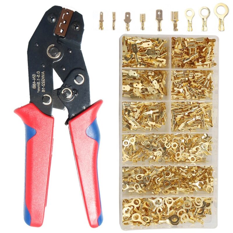 Set conectori si cleste sertizare pentru cabluri auto, 600 piese, multicolor, in cutie plastic