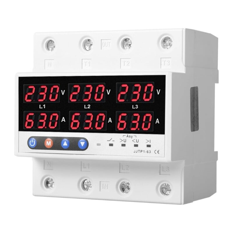 Releu protectie trifazat NeoHGS, subtensiune, supratensiune, suprasarcina, voltmetru, ampermetru, 380, DIN 3P+N, 63A, 3x230 V, reconectare automata