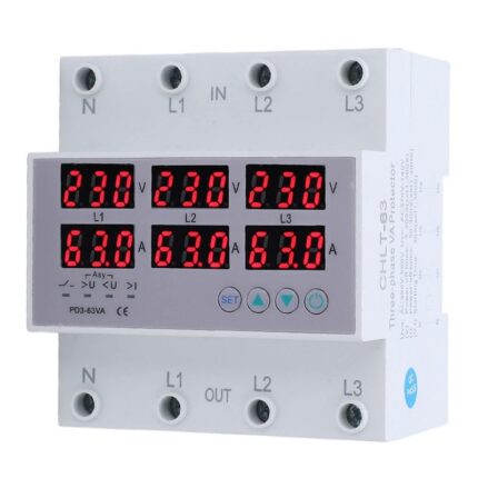 Releu de tensiune trifazat sina, JENOUS®, resetare automata, voltmetru, ampermetru, supra si subtensiune, monitor relee, protector, reglarea supratensiunii curente, 63A, 4P