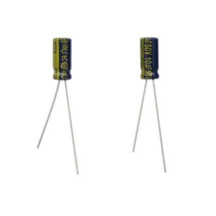 Set de 2 condensatori electrolitici, Panasonic, Metal, 50V 10uF, ESR scazut, 5x11mm