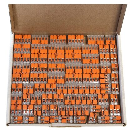 Set 75 cleme Wago 221, conectori doza pentru conductori electrici, 25 piese cu 2 pini, 25 piese cu 3 pini, 25 piese cu 5 pini, pentru conductori 0.14 – 4 mm, 32 A, 450 V