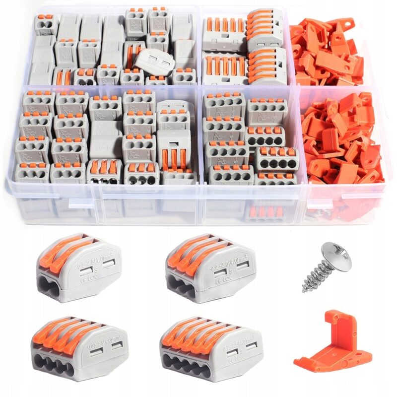 Set Conectori rapizi pentru conductori electrici, cu levier, plastic, 265 bucati, Portocaliu/Gri