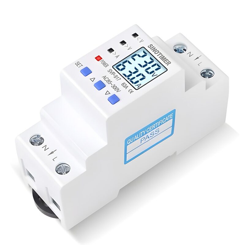 Releu de Protectie la Supratensiune si Curent, 100x36x67.5mm, Alb, 63A, 220V, LCD, Resetare Automata, Protectie Anti-Traznet