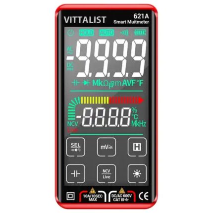 Multimetru digital VITTALIST 621A, Ecran LCD 4.5inch, Avertizare si Detectie automata, Masoara Curent DC/AC, Voltaj, Tensiune, Temperatura Capacitate, Continuitate, Dioda, Rezistenta, Test Frecventa, NCV, Rosu